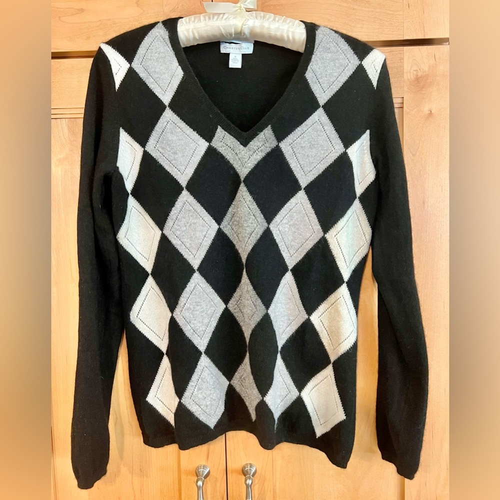 Charter Club Black, Grey and Cream Diamond V-Neck Cashmere Sweater